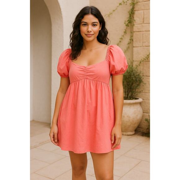 Altar'd State Dresses & Skirts - Altar’d State Coral Puff Sleeve Babydoll Mini Dress - Large